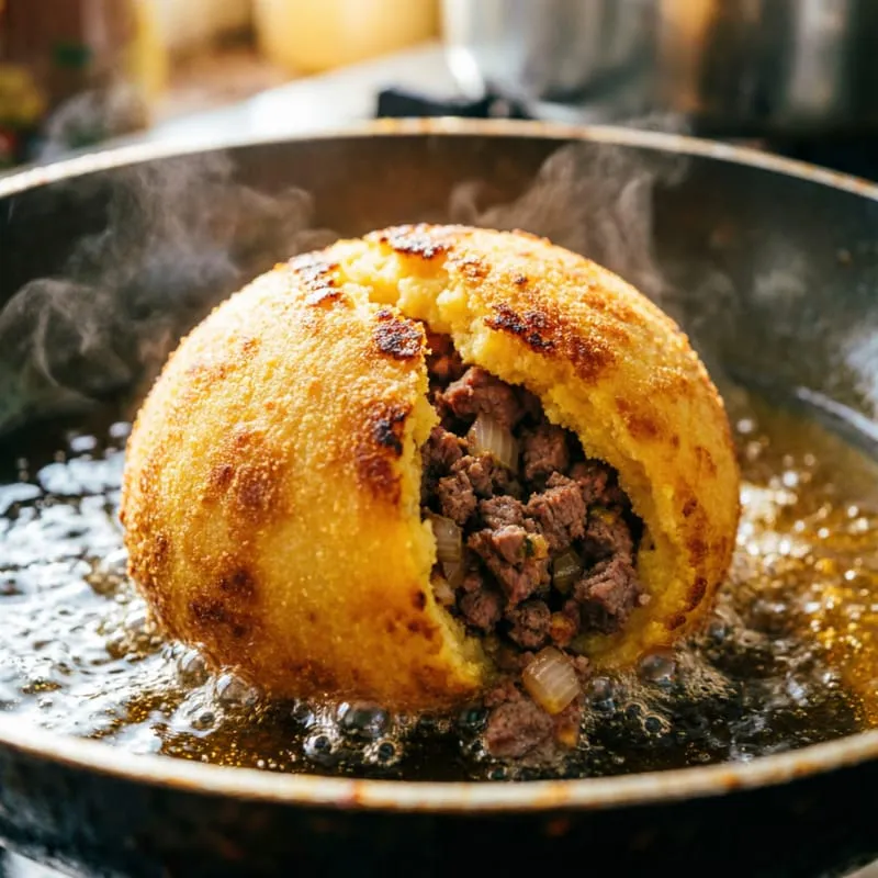 Bolinho Caipira sendo frito com recheio de carne